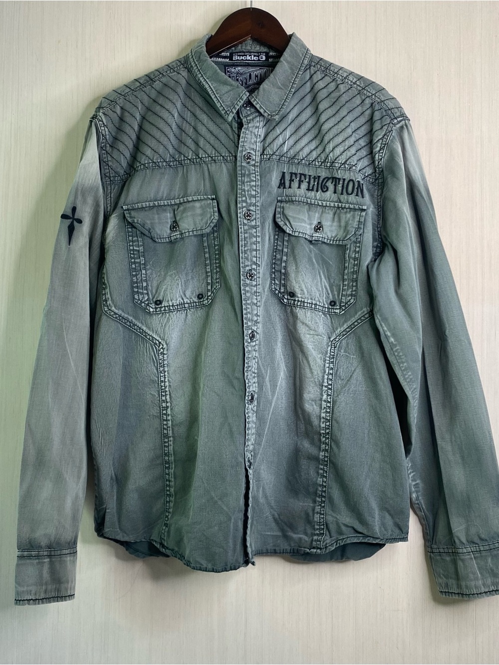 Affliction Men's Embroidered Black Premium Gray Button-Up Long Sleeve Shirt XL